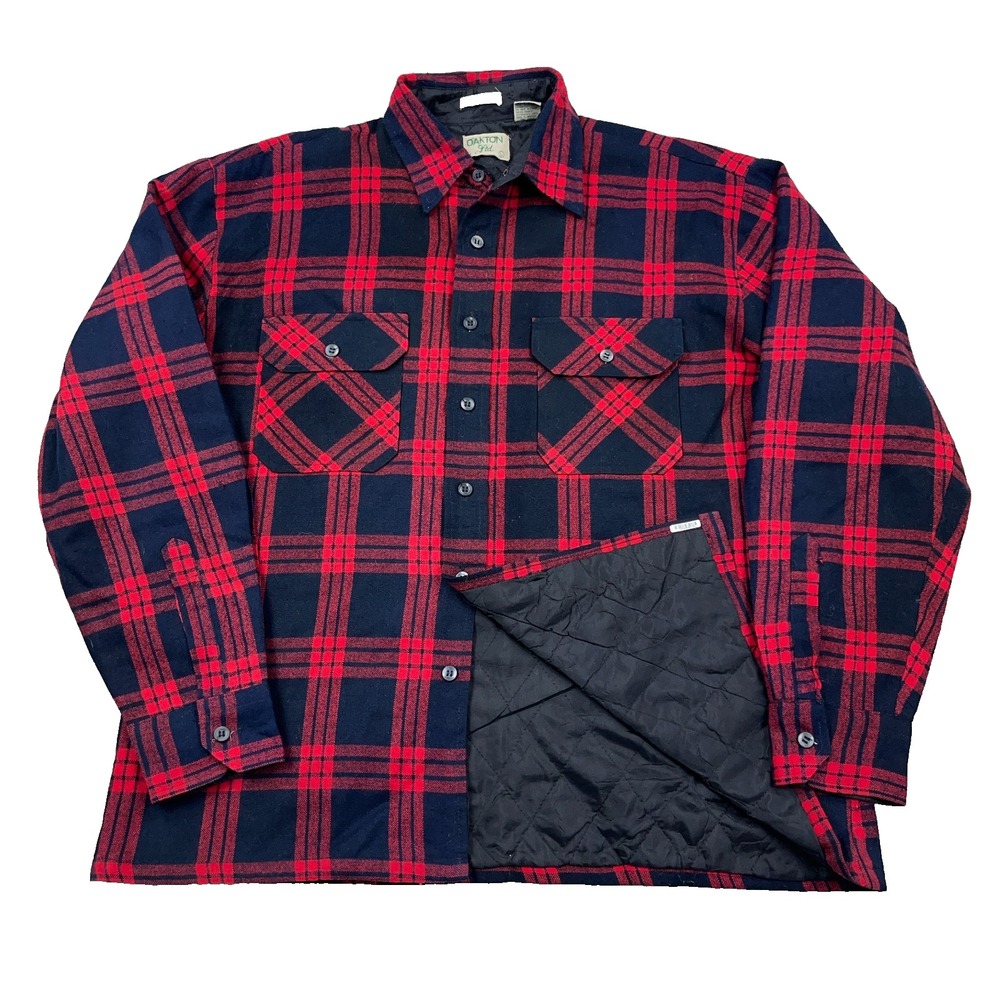 Vintage Oakton Jacket Men Large Acrylic Flannel Shacket Lined Red Blue Plaid 90s